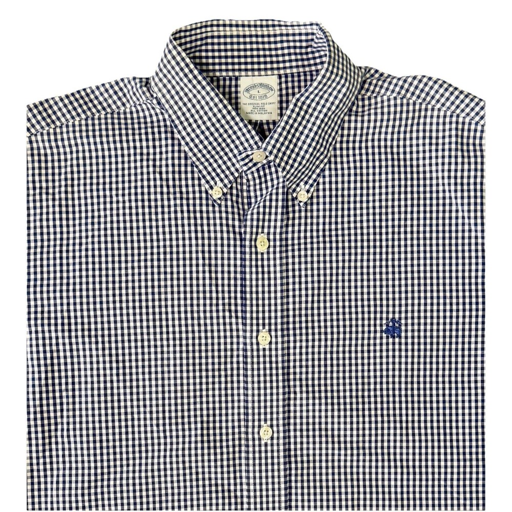 Brooks Brothers Slim Fit Mens Large Non Iron Navy Gingham Oxford Long Sleeve